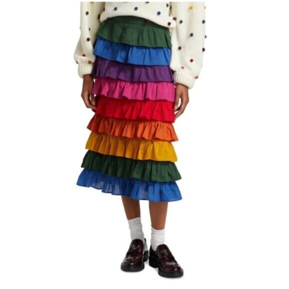 FARM Rio Color-Block Tiered Midi Skirt • Size XS • Vibrant Multi-Color Statement - Picture 3 of 13